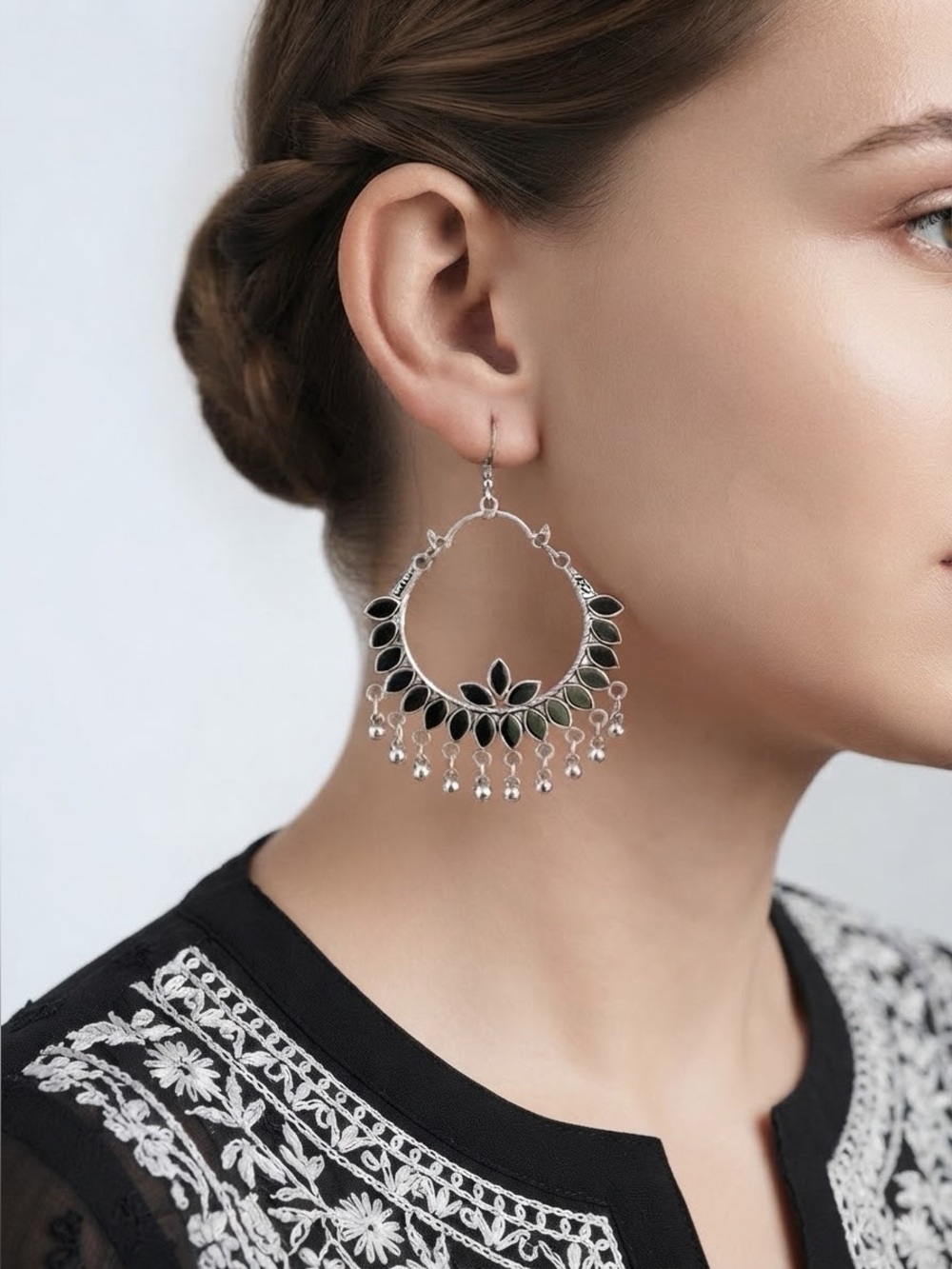 Oxidized Silver Afghani Chandbali Drop Earrings